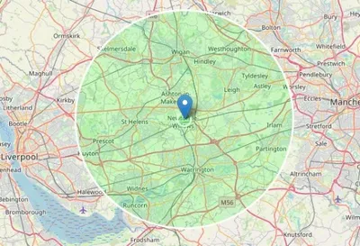 CFI Tree Care service area - 10 mile radius covering Warrington, St Helens, Wigan, and Leigh